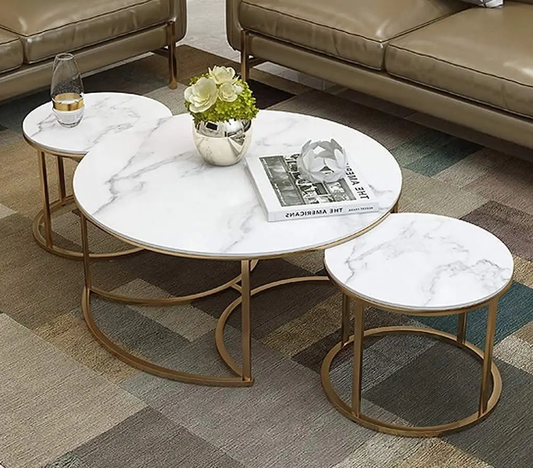 Modern Living Room Furniture Golden Elegance Nesting Metal Table Set of 3 White Tops and Stackable Design